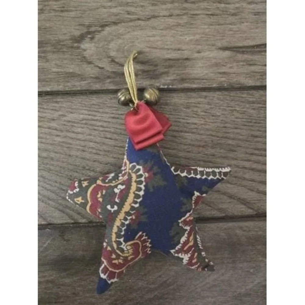 Set Of 6 Vintage Laura Ashley Fabric Christmas Ornaments Star, Bear, Tree Ball